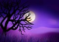 Purple moonlight landscape showing tree silhouette