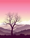 Purple mountain landscape with huge old tree Royalty Free Stock Photo