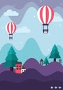 Purple mountain and turquoise green pine tree with houses and cute balloons floating in the pastel blue sky Royalty Free Stock Photo