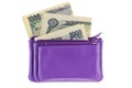 Purple multi layered leather zippered coin pouch with Japanese Yen banknote Royalty Free Stock Photo