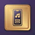 Purple Music player icon isolated on purple background. Portable music device. Gold square button. Vector