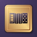 Purple Musical instrument accordion icon isolated on purple background. Classical bayan, harmonic. Gold square button