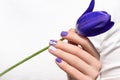 Purple nail design. Female hand with purple manicure holding tulip flower