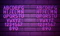 Purple Neon Alphabet Font. Light effect letters, numbers on the brick wall background. Vector typeface for labels, titles, posters Royalty Free Stock Photo