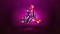 Purple neon 3D dice with red and black realistic gambling stack of casino chips on purple background Royalty Free Stock Photo