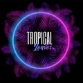 Purple neon frame. Violet tropical palm branches. Luxury banner design. Glowing neon round border. Vector background in