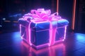 Purple neon gift box with pink bow. Generative AI