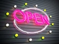 Neon illuminated Open signboard. 3D illustration