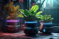 A purple neon light cyberpunk three pots of plants on the board generative AI