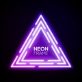 Purple neon light triangles. Shining techno frame.