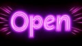 Purple neon sign saying open with light rays emanating from behind on a dark background Royalty Free Stock Photo