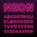 Purple neon tube alphabet font. Neon color letters, numbers and symbols.