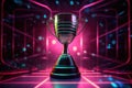 Purple neon winner and champion cup on dark background. Generative AI