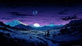 Purple Night Scene With Mountain Scenery And Moon - Dan Mumford Style Royalty Free Stock Photo