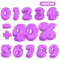 Purple numbers from 0 to 9. Collection of voluminous inflated lilac color numbers from balloon. Set of violet bright bubble