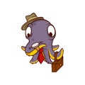 Purple octopus businessman with suitcase, watching on clock. Humanized sea creature in hat and tie. Cartoon vector icon Royalty Free Stock Photo