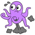 Purple octopus is protecting itself by spraying black ink, doodle icon image kawaii