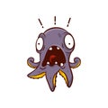 Purple octopus with scared face expression. Marine creature. Screaming cartoon character. Vector design