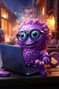 Purple octopus sitting in front of laptop on table. Generative AI Royalty Free Stock Photo