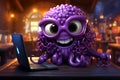 Purple octopus sitting next to laptop on table. Generative AI Royalty Free Stock Photo