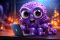 Purple octopus sitting on top of table next to laptop computer. Generative AI Royalty Free Stock Photo