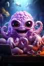 Purple octopus sitting on top of table next to laptop. Generative AI Royalty Free Stock Photo