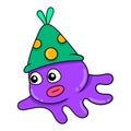 Purple octopus is smiling celebrating a birthday party, doodle icon image kawaii