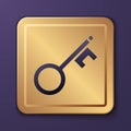 Purple Old key icon isolated on purple background. Gold square button. Vector Royalty Free Stock Photo