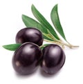 Purple olives with leaves on white background. Close-up Royalty Free Stock Photo