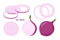 Purple Onions isolated on white. Whole bulb, half, chopped rings. For restaurant menu, farmers market, vegetarian recipe