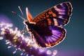 Purple and orange butterfly. Macro shot of a butterfly flying over purple flower.