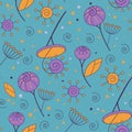 Purple and orange flower vintage seamless pattern on blue background. Royalty Free Stock Photo