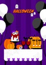 Purple and orange halloween party table decorate with candies cake drinks and pumpkin