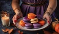 purple orange macaroons on a plate in women\'s hands