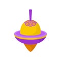 Purple-orange spinning top. Classic plastic whirligig. Children toy. Kids development game. Flat vector icon