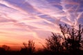 purple sky sunset with airplane trails