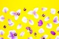 Purple orchid flower pattern on Illuminating yellow background. Tropical floral pattern Royalty Free Stock Photo