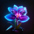 purple orchid flower in pot on black background with blue neon light AI generated Royalty Free Stock Photo