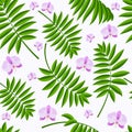 Purple orchid green palm branch on white seamless pattern Royalty Free Stock Photo