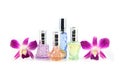 Purple orchid and Perfume bottles. Royalty Free Stock Photo