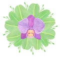 Purple Orchid phalaenopsis watercolor illustration. Beautifull exotic flower in a full bloom with green buds Royalty Free Stock Photo