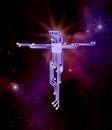 Purple outer space stars background.The cross of Jesus Christ in the style of circut electrical diagram.