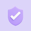 Purple Outline Shield Shape with Tick Symbol isolated on purple background