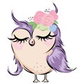 Purple owl sleeps on a white isolated background. Cute card in cartoon style. Design can be used for children`s books