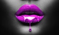 Purple Paint dripping, lipgloss drops on sexy lips, bright liquid paint on beautiful model girl`s mouth, black skin. Lipstick Royalty Free Stock Photo
