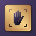 Purple Palm print recognition icon isolated on purple background. Biometric hand scan. Fingerprint identification