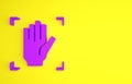 Purple Palm print recognition icon isolated on yellow background. Biometric hand scan. Fingerprint identification