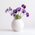 Minimalistic Handmade White Vase With Purple Pansies On White Background