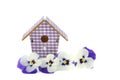 Purple pansies in a reed basket