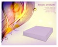 Purple paper packaging on blue waves background. Square flat box for cosmetics and perfumery